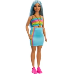 Discount Mattel Barbie Fashionista Doll #218 - Blue Hair, Rainbow Top & Teal Skirt
